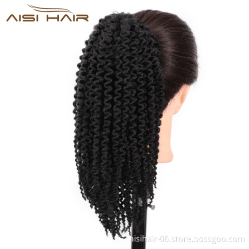 Aisi Hair Afro Kinky Synthetic Fiber Ponytail Hair Extension Pieces Wrap Drawstring Short Black Kinky Curly Synthetic Ponytails